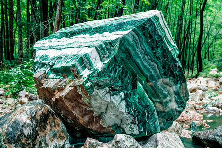 There is a large green gem standing in the forest by the river, close up of the gemの写真素材