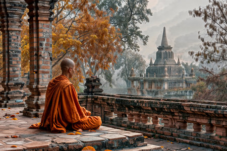 Monk sits and meditates in the temple, faith and religion, meditation