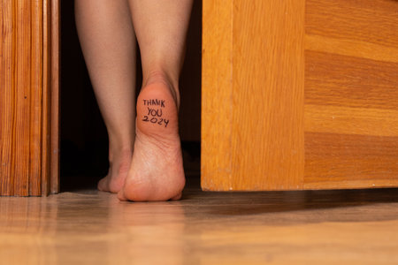The text thank you 2024 is written on the leg of a girl who is leaving the door of the house,...