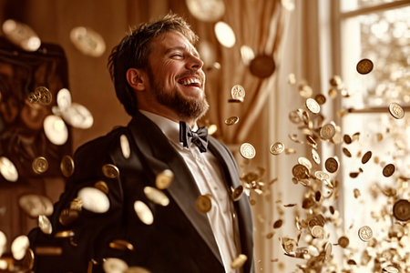 A man in a suit stands in gold coins flying all over the house and rejoices, financial prosperity...