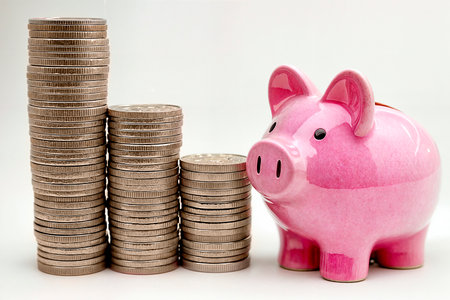 Piggy bank stands next to a stack of gold coins on a white background, collecting money, business and financeの写真素材