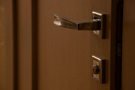 Brown interior door and door handle in apartment close-up