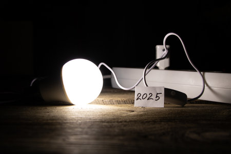 An energy saving light bulb is on a wooden floor near a socket and a card with the number 2025, the light of the lamp and the year 2025の写真素材