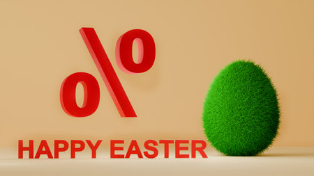3D single grass egg and text Happy Easter and percent sign on beige backgroundの写真素材