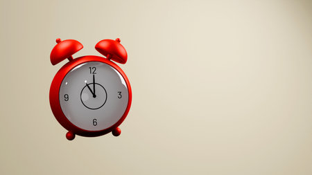 3D model of a red alarm clock on a beige background, time