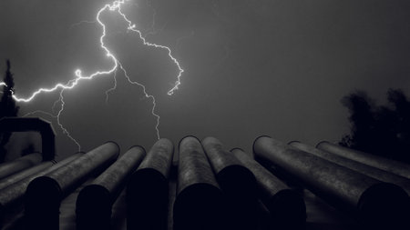 3D model of pipes against the background of lightning in the skyの写真素材