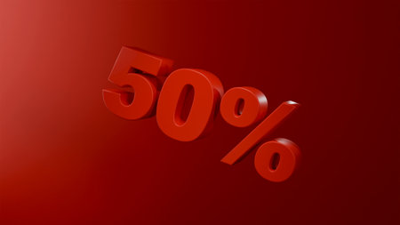 3D model of 50 discount icon on red background for banner, discount and saleの写真素材