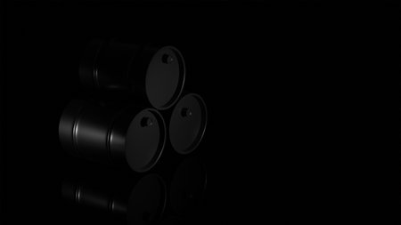 3D model of a barrel with black oil, three barrels with naphtha