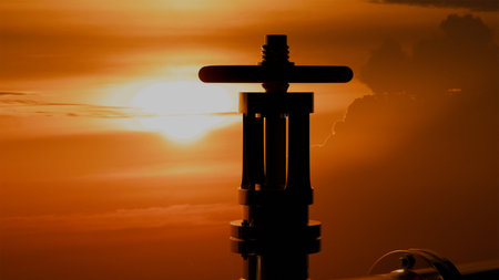 3d model of gas pipe with pressure valve on sunset background, gas pipelineの写真素材