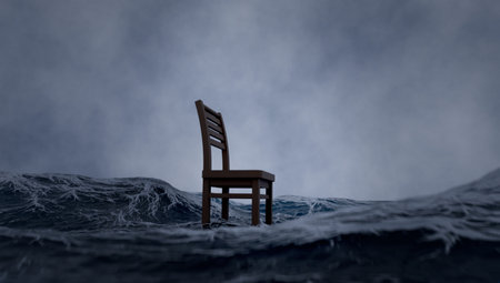 3D model of a chair that stands in the middle of a raging ocean, emotional state, meditationの写真素材