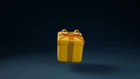3D model of yellow gift box with yellow bow on dark blue background, gift