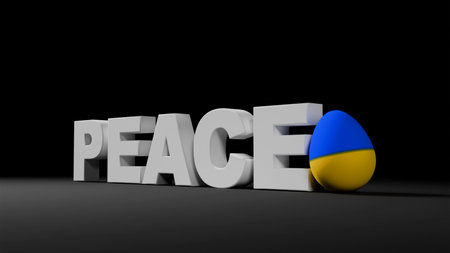 3D one egg with flag of Ukraine and white word peace on black background, Easter holiday, Easter in Ukraineの写真素材