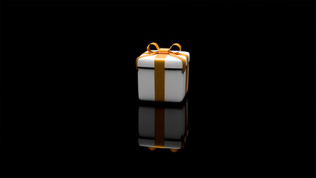 3D model of white gift box with yellow bow on black background with reflection, giftの写真素材