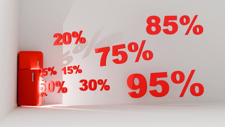 3D model of red refrigerator in white room and different discount percentages falling out of refrigeratorの写真素材