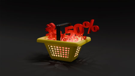 3D model of plastic basket from supermarket and different percentage discounts in basket, basket with discounts on black, saleの写真素材