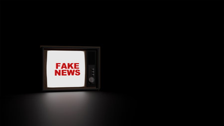 3D model of retro TV and text fake news in the dark, deception and propaganda, information war