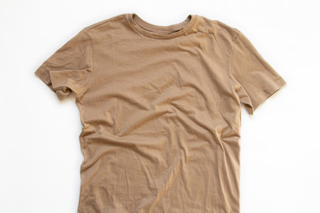Light beige wrinkled short sleeve t-shirt lies on white background, casual t-shirt, clothesの写真素材