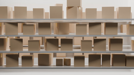 Mail boxes are on the shelves, logistics center, warehouse, 3D model, cardboard boxes