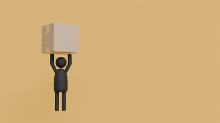 Man holding a cardboard box on a brown background, delivery and courier service, 3dの写真素材