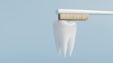 3D model of white molar and toothbrush on blue background, dentistry, teeth design, dental careの写真素材