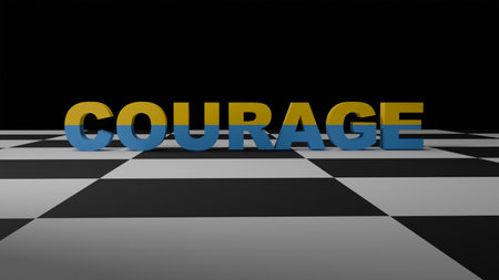 3D text word courage in the color of the Ukrainian flag on a chessboard on a black background