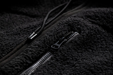 Black warm sweater with a zipper and a pocket with a zipper as a background, synthetic material, black clothesの写真素材