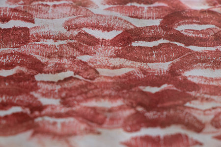 Lots of kiss marks with burgundy lipstick on white paper.の写真素材