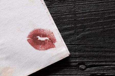 Maroon lipstick kiss mark on white old paper on wooden black table, kiss on paperの写真素材