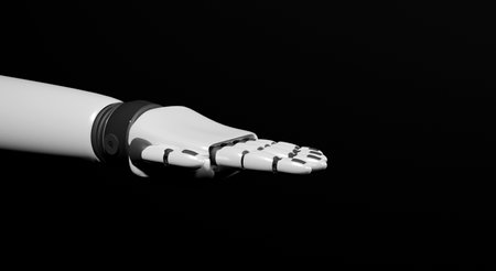 Robot hand in white and black colors on a black background, part of the hand, 3D model of the robot handの写真素材