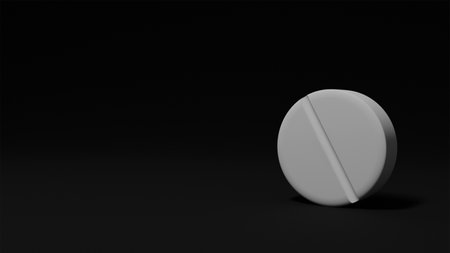 3d model of a white round tablet on a black background, tablet, medication tabletsの写真素材
