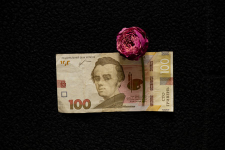 A hundred hryvnia bill lies on a black cloth and on it lies one dry red rose, money and businessの写真素材