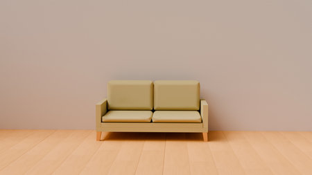 3D model of a fabric two-seater beige sofa in a bright room on parquet, upholstered furniture, sofa designの写真素材