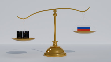 Golden scales of justice two oil barrels and the Russian flag on the scales where the barrels outweigh the Russian flag on a white backgroundの写真素材