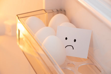 Chicken eggs are lying in a tray on a shelf in the refrigerator with a piece of paper on which a sad emotion is drawn in the kitchen, egg shortage in Americaの写真素材