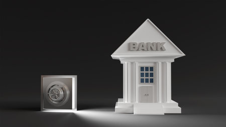 3D model of steel safe with round door and round lock open, light coming from safe and bank building...