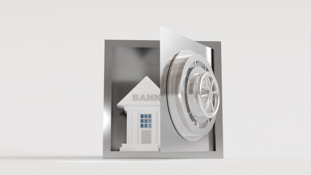 3D model of steel safe with round door and round lock and inside safe of bank building on white background, reliable safe and bankの写真素材