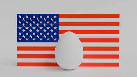 3D model of white egg against the background of the American flag on a white background, egg shortage in Americaの写真素材