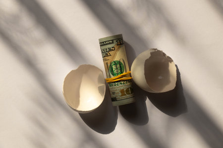 Chicken eggshell and roll of hundred dollar bills on white background in shadow, egg shortage in...