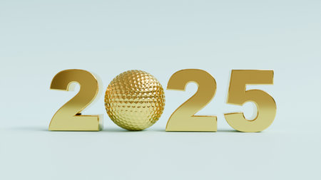 Golden golf ball representing the year 2025 on a blue backgroundの写真素材
