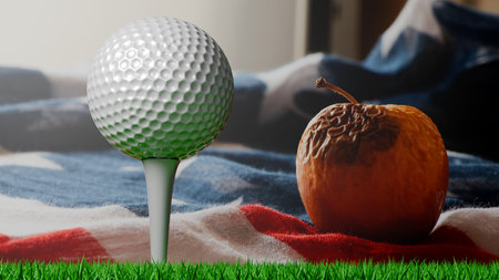 3D model of white golf ball on stand against American flag and rotten apple on flag, golf gameの写真素材