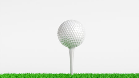 3D model of white golf ball on stand on grass on white background close-up, golf gameの写真素材