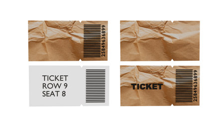 3D model of four paper tickets of different brown and white with and without text on a white background, ticket designの写真素材
