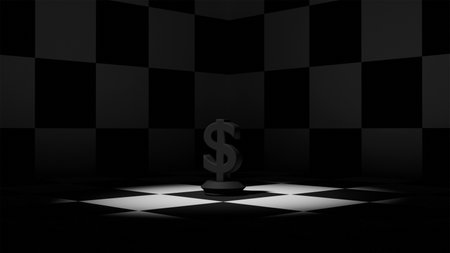 3D model of black chess piece in the form of a dollar sign on a chessboard in the dark, business and financeの写真素材