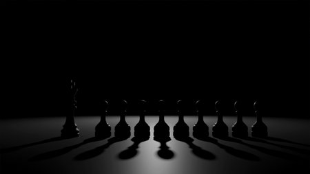 3D model of black king and black pawns standing in a row behind the king in the dark, team game, play chessの写真素材