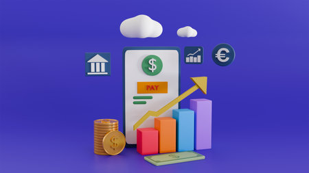 Infographic with mobile payment, growth chart, coins and banking and finance icons on purple...