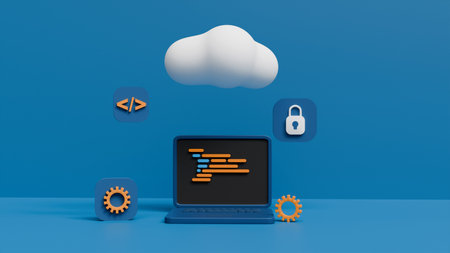 3D image of laptop, monitor, cloud storage and security and programming icons , IT technologies
