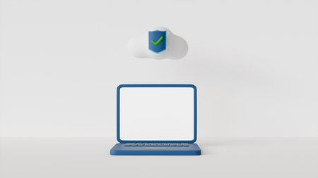 3D image of laptop with white screen and cloud storage and security sign on white background as a template or mockup, technologyの写真素材