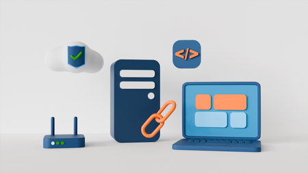 3D laptop with interface on screen, server, router, cloud security and programming symbols, on the...