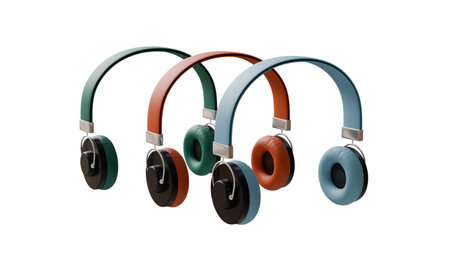 3D model of wireless headphones in blue, brown and green colors on a white background, stylish...