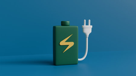 3D model of a green power bank with a yellow lightning and a white plug on a blue background, modern energy and mobile chargingの写真素材
